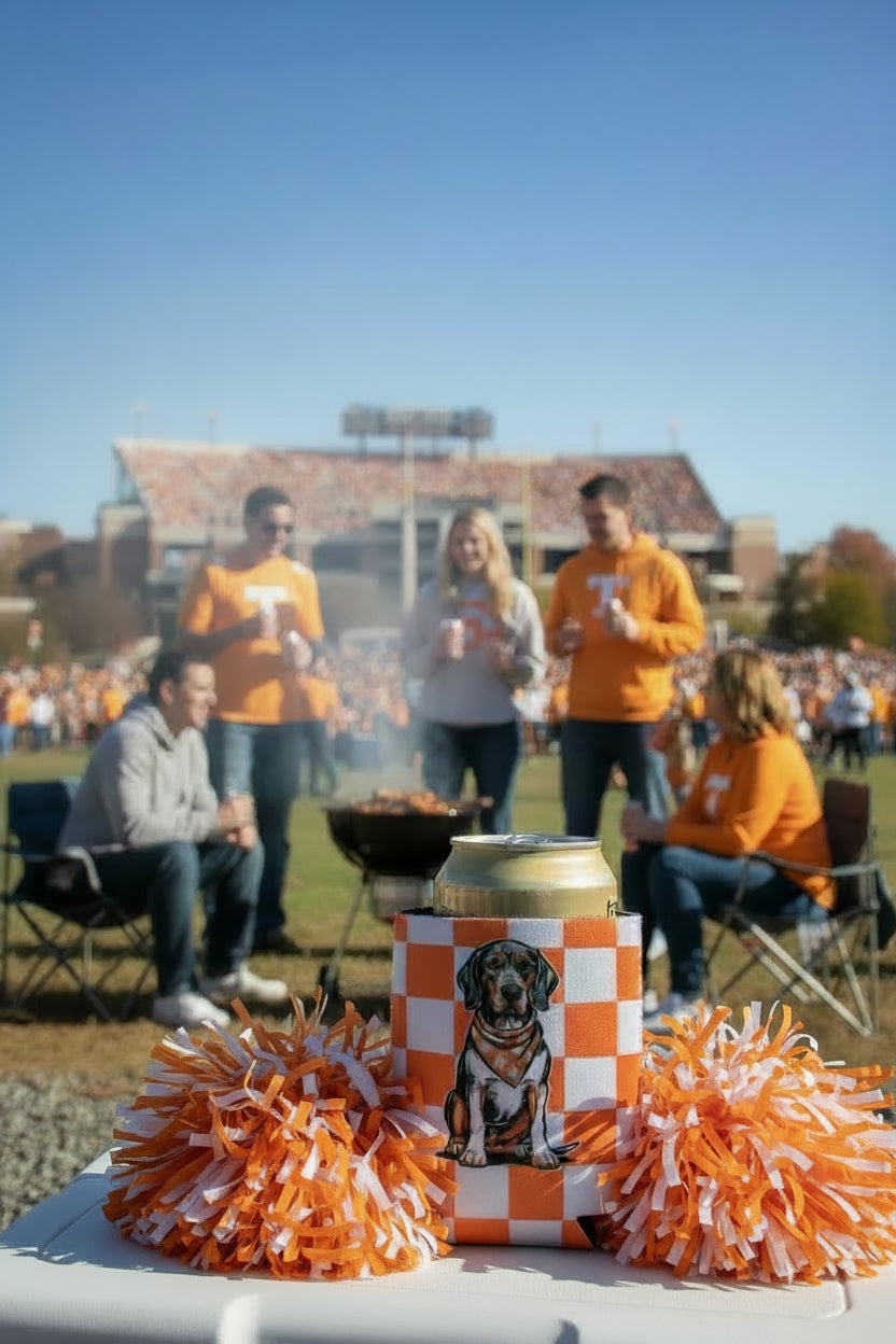 Koozie-Orange and White Checkerboard with Smokey