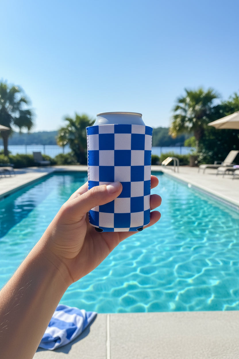 Koozie-Blue & White Checkerboard Slim Can