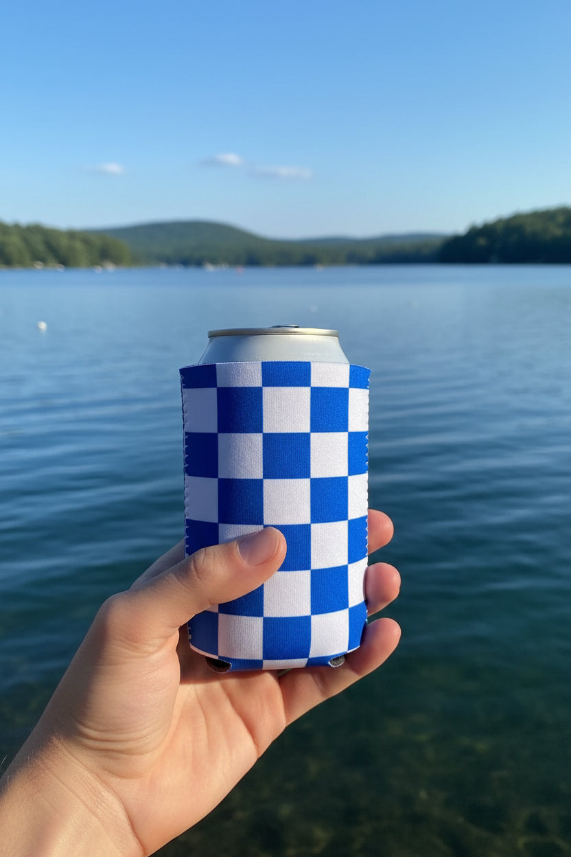Koozie-Blue & White Checkerboard Slim Can