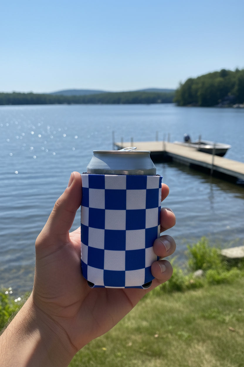 Koozie-Blue & White Checkerboard Regular