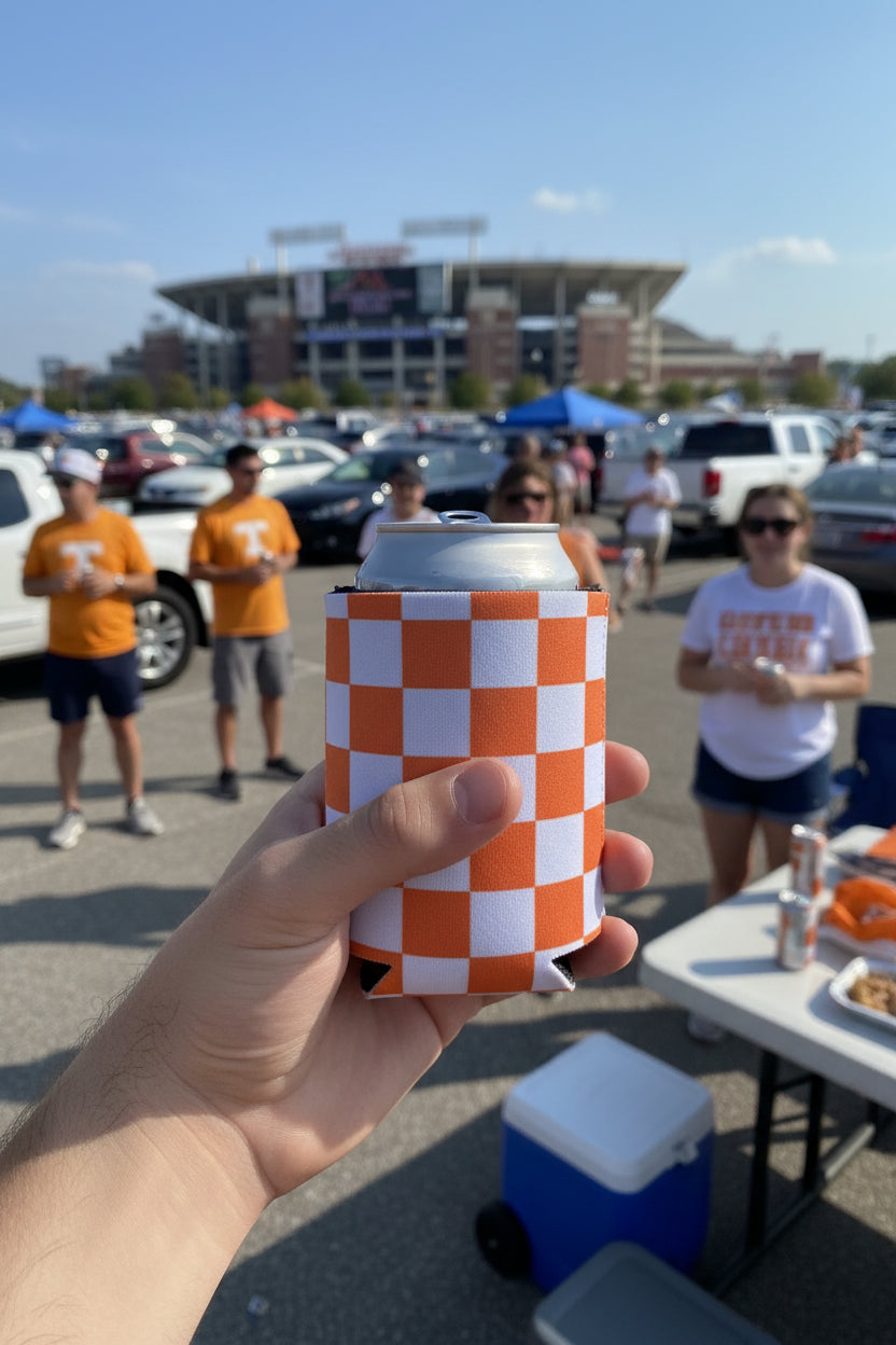 Koozie-Orange & White Checkerboard