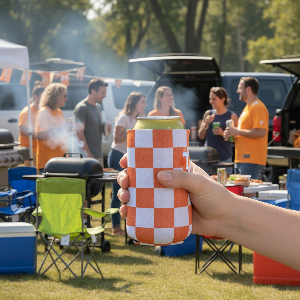 Koozie-Orange & White Checkerboard Slim Can