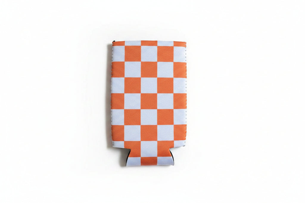 Koozie-Orange & White Checkerboard Slim Can