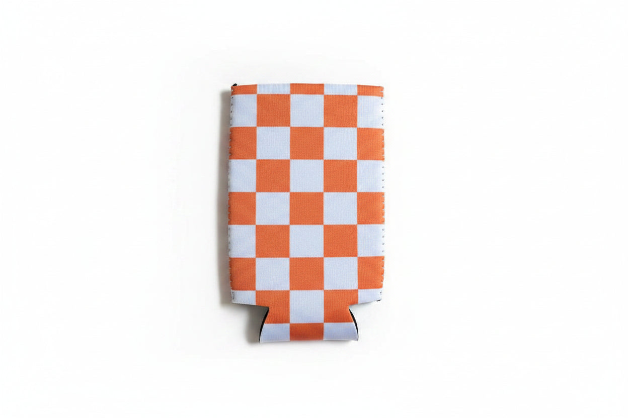 Koozie-Orange & White Checkerboard Slim Can