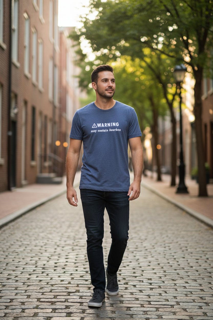 Tee "Warning May Contain Bourbon" Blue